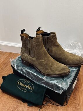 Church's Suede Chelsea Boots in Olive Brown, Sz 38.5